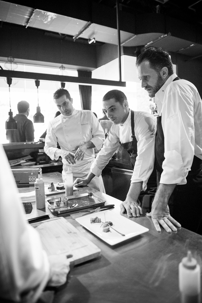 Chef Frederic Colin (extreme right in picture) deliberating with Chef Stephane Istel and Chef Julien Royer on how best to present the dish to be served