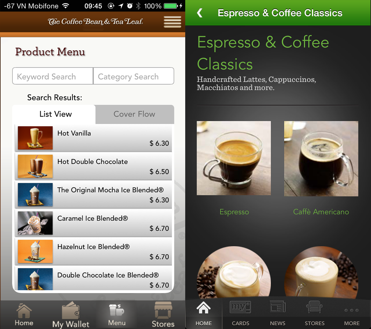 Left: Coffee Bean App. Right: Starbucks App. The star of this screen should be coffee photos, not boxes and gradients!