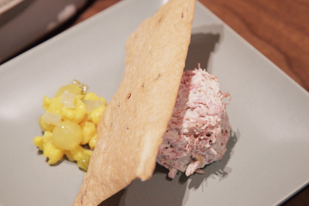 Potted Salt Beef Brisket with grain mustard, piccalili and Caraway crackers