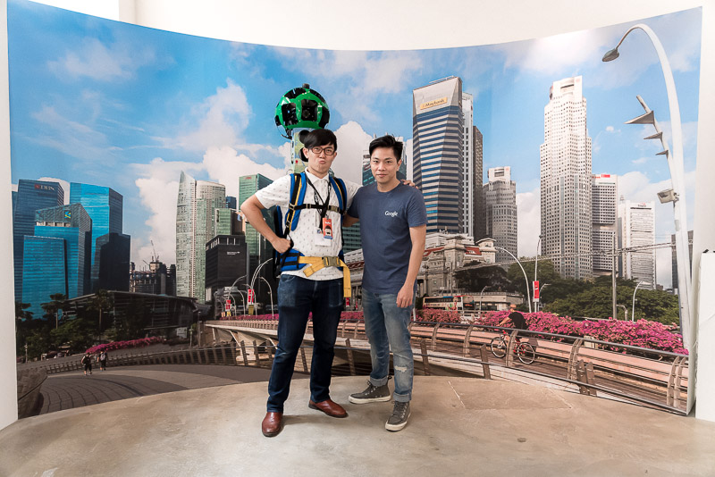 Our writer, Gel, wearing the 20kg Google Trekker device, posing with one of the official walkers with put in many kilometres wearing his own Trekker.