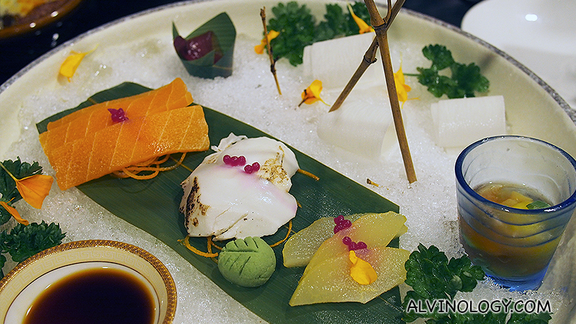 Vegetable Sashimi Served on Ice with Quail Egg Shooter Glass 