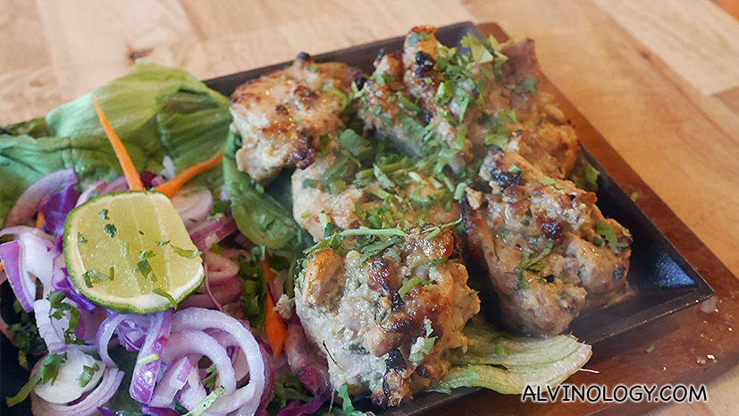 Chicken Malai Tikka (S$11) - Boneless chicken marinated with cream, cheese, spices and yogurt. Baked in a Tandoor oven.