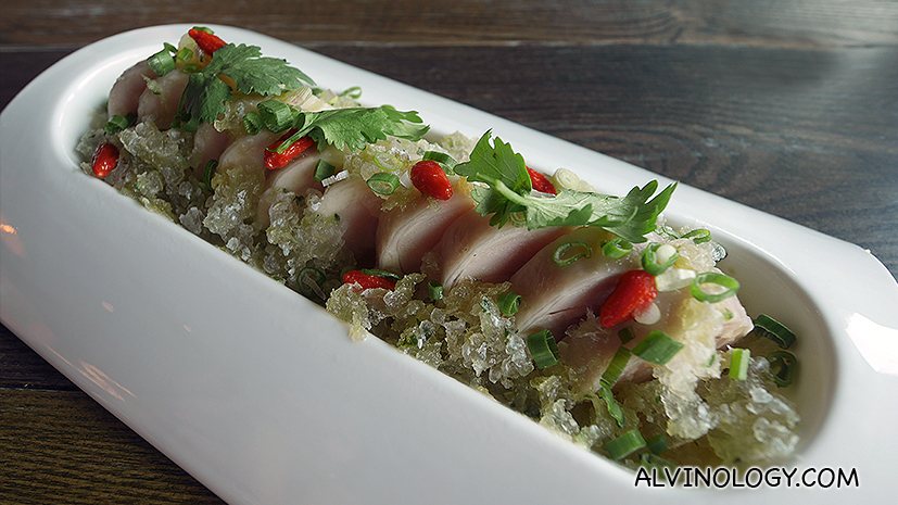 Poached Drunken Chicken in Savoury Cucumber Granita (特色黄瓜冰醉鸡) - S$15