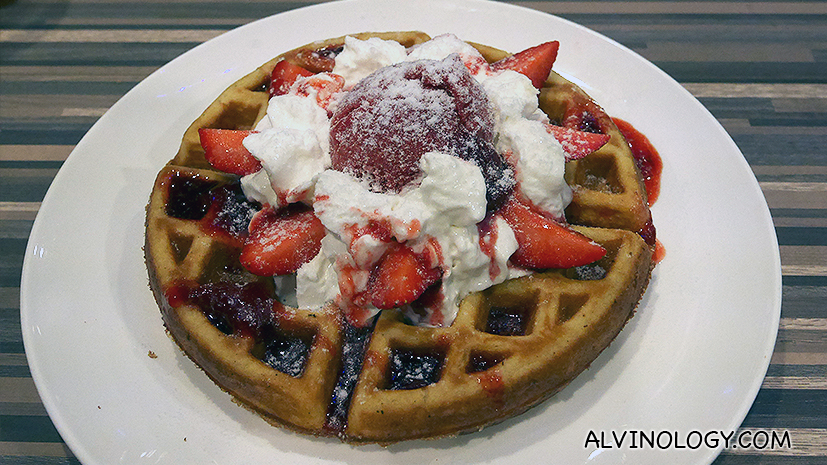 Strawberry Surprise Waffle - fresh strawberries, homemade strawberry sorbert, strawberry coulis (S$14)