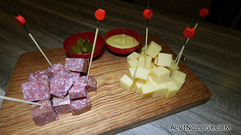 Belgian Beerplankje - Gouda cheese, pork salami, gherkins, mustard (S$28)