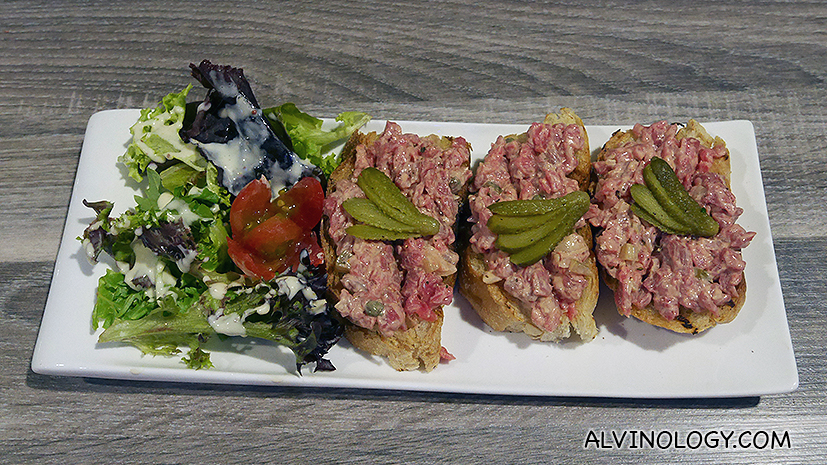 Beef Tartare on Toast - Steak tartare, gherkin, toast (S$14)