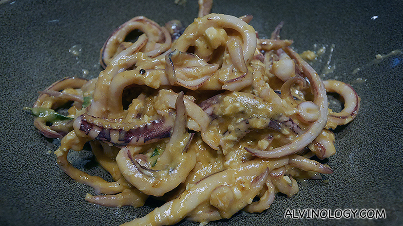 Stir-fried Squid with Runny Salted-Egg - Pan-seared squids coated in savoury salted egg cream